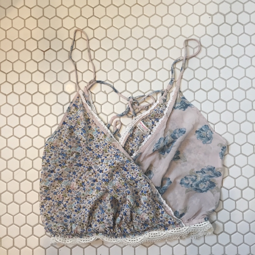 Free People Floral Print Cropped Lace Detail Top