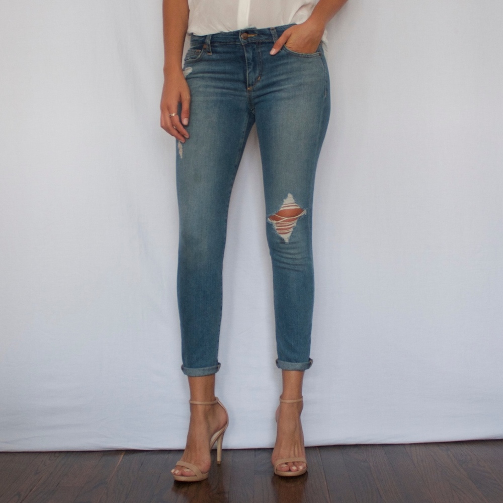 Joes light wash jeans with destruction
