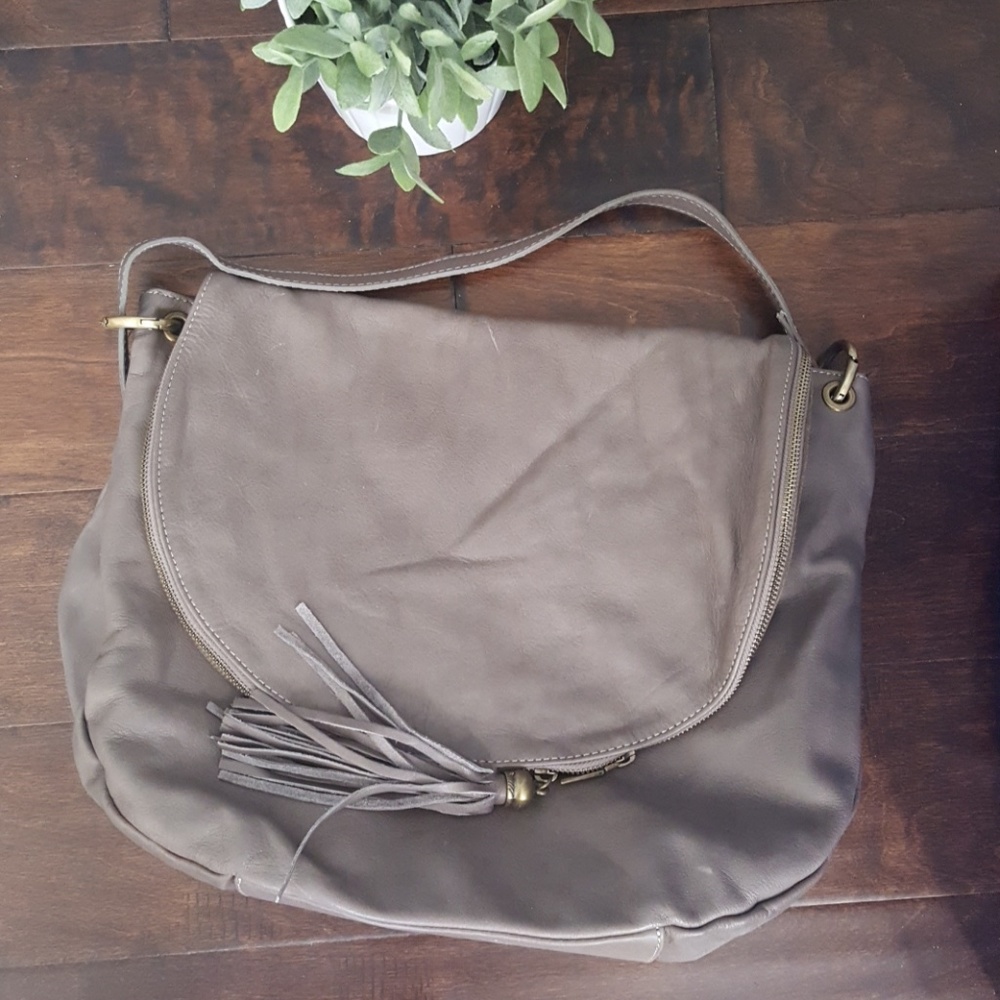 Gray leather shoulder bag