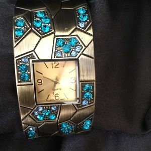Brushed Bronze wTurquoise Rhinestone Bangle Watch