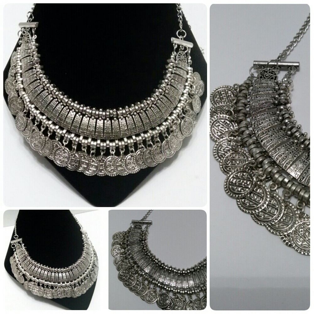 New silver grey Boho Bohemian coin choker necklace