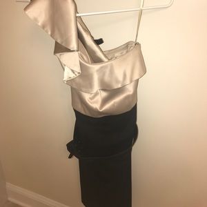 One Shoulder Gold & Black Belted Dress- WHBM