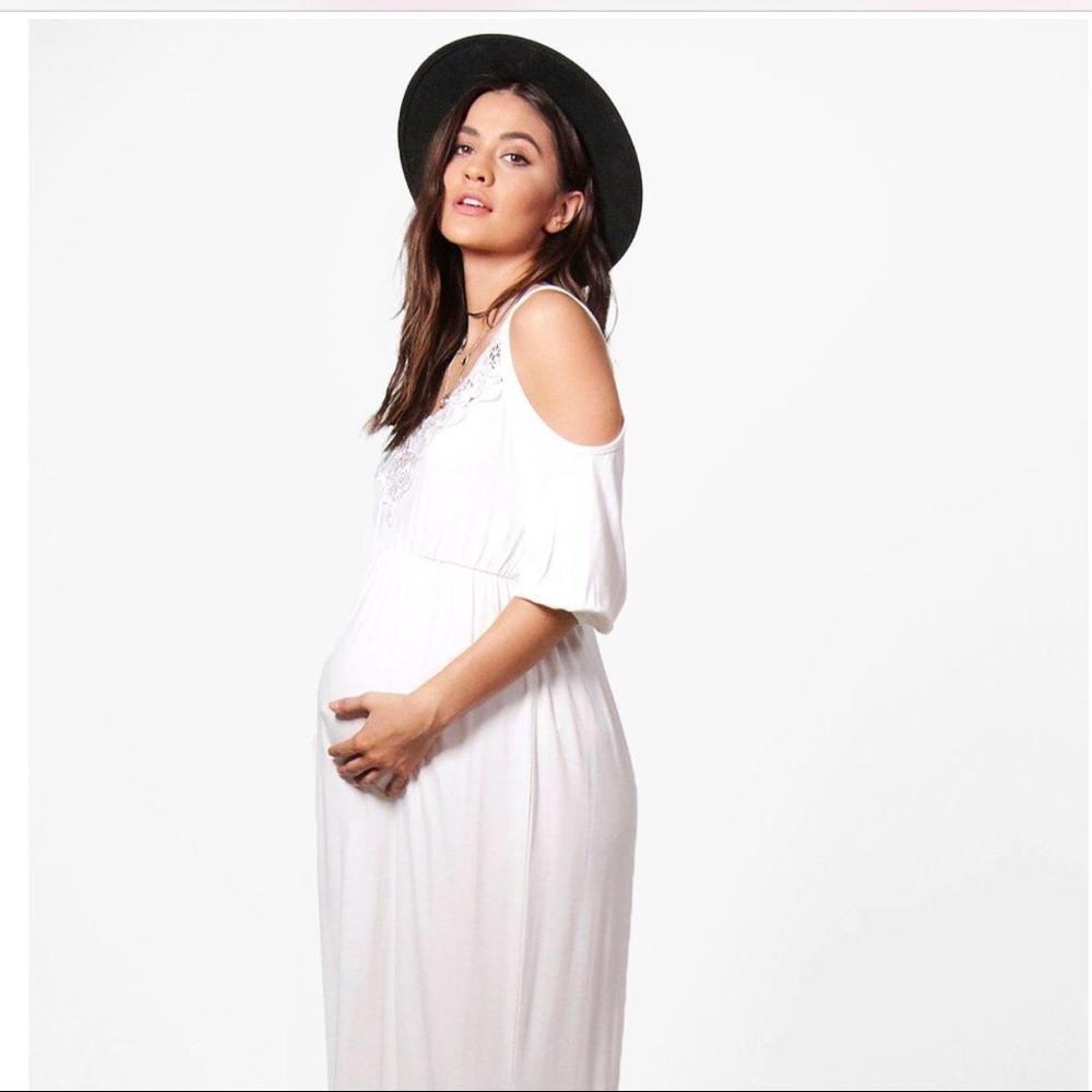 Ivory cold shoulder lace maternity maxi dress NWT