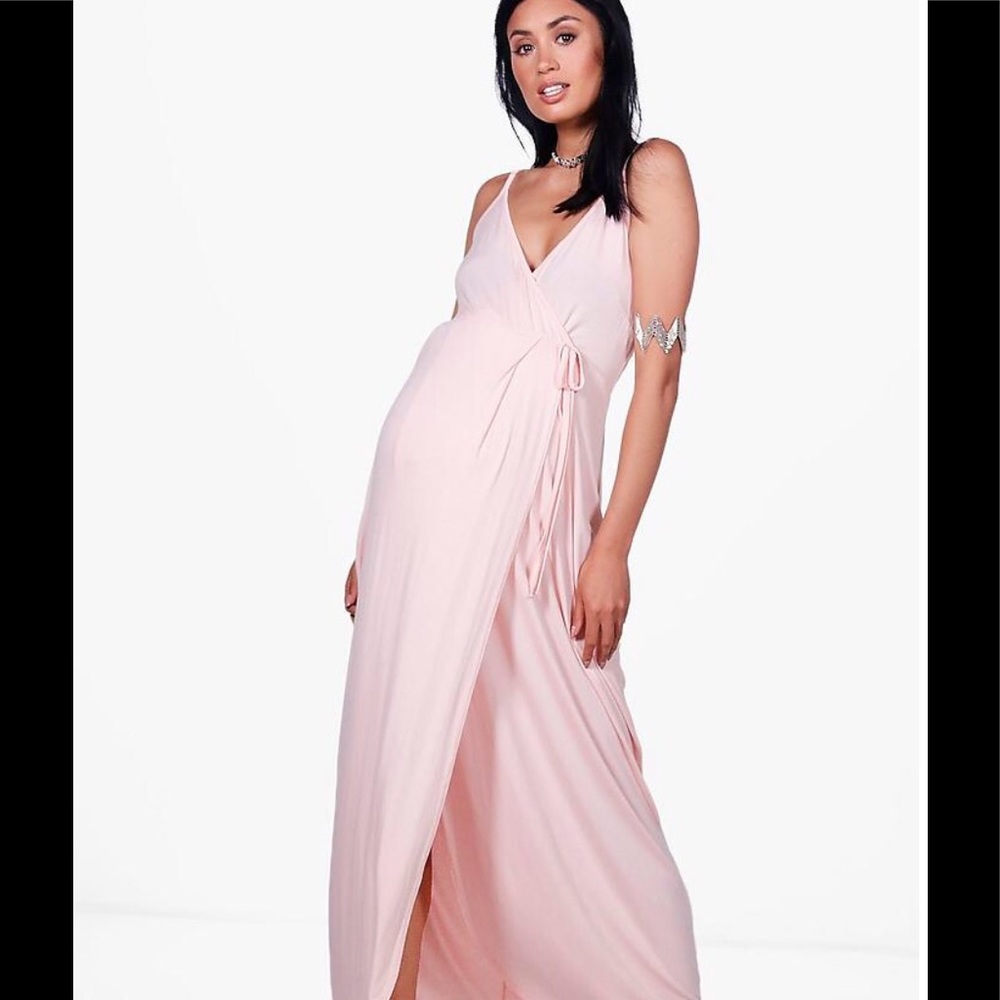 Pale pink maternity maxi faux wrap dress NWT
