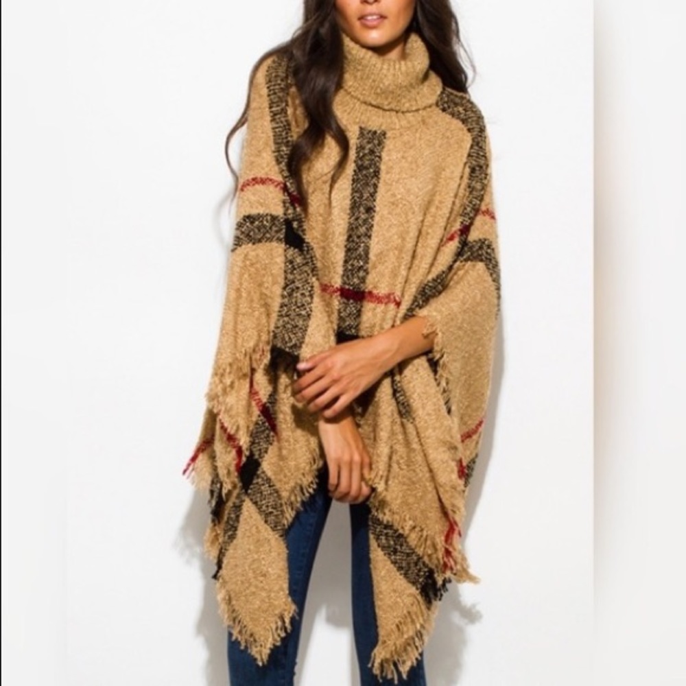 💐1 LEFT! Warm Tan Turtleneck Plaid Poncho! - Picture 2 of 4