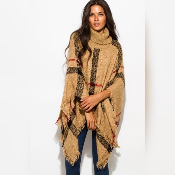 💐1 LEFT! Warm Tan Turtleneck Plaid Poncho! - Picture 4 of 4