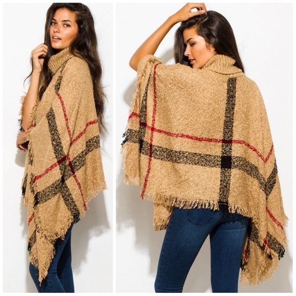 💐1 LEFT! Warm Tan Turtleneck Plaid Poncho! - Picture 3 of 4