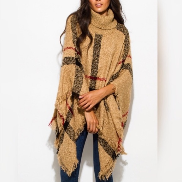 💐1 LEFT! Warm Tan Turtleneck Plaid Poncho! - Picture 2 of 4