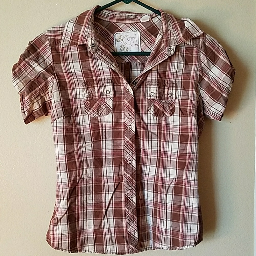 Brown, cream (some pink) Plaid Shirt S