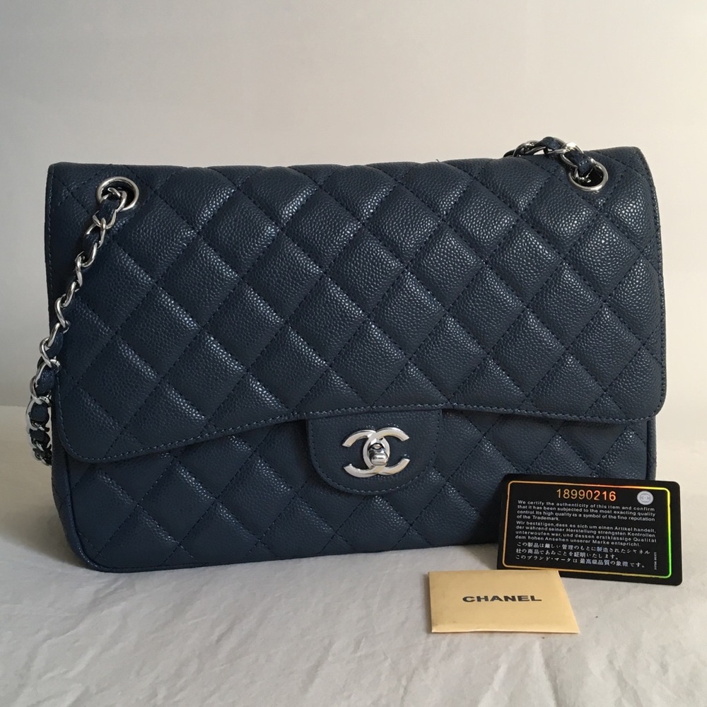 Chanel Caviar Leather Double Flap Washed Blue Bag