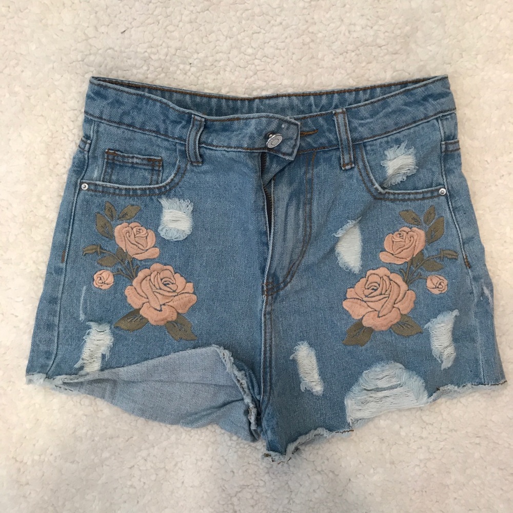 Floral Embroidered Denim Shorts