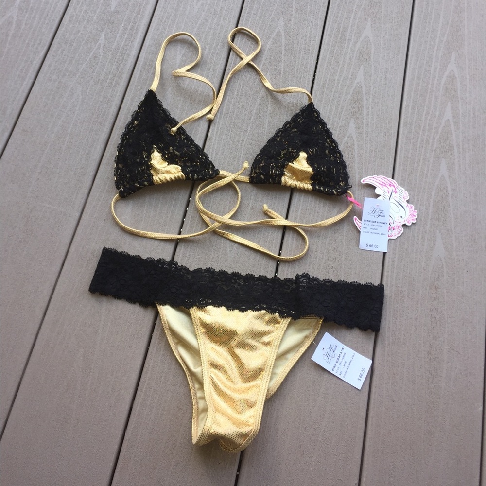 Sexy gold and black lace bikini