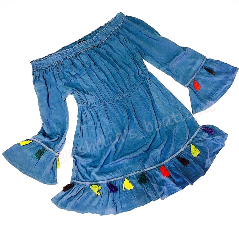 New~ Tassel Pom Pom Off Shoulder Dress - Picture 3 of 3