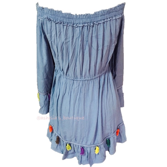 New~ Tassel Pom Pom Off Shoulder Dress - Picture 2 of 3