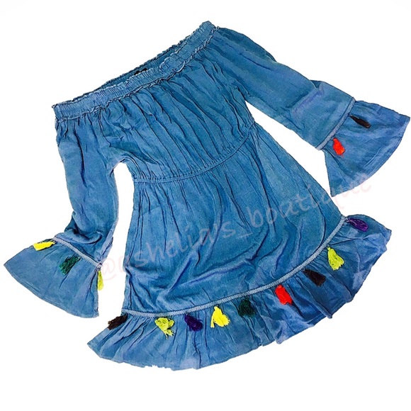 New~ Tassel Pom Pom Off Shoulder Dress - Picture 3 of 3