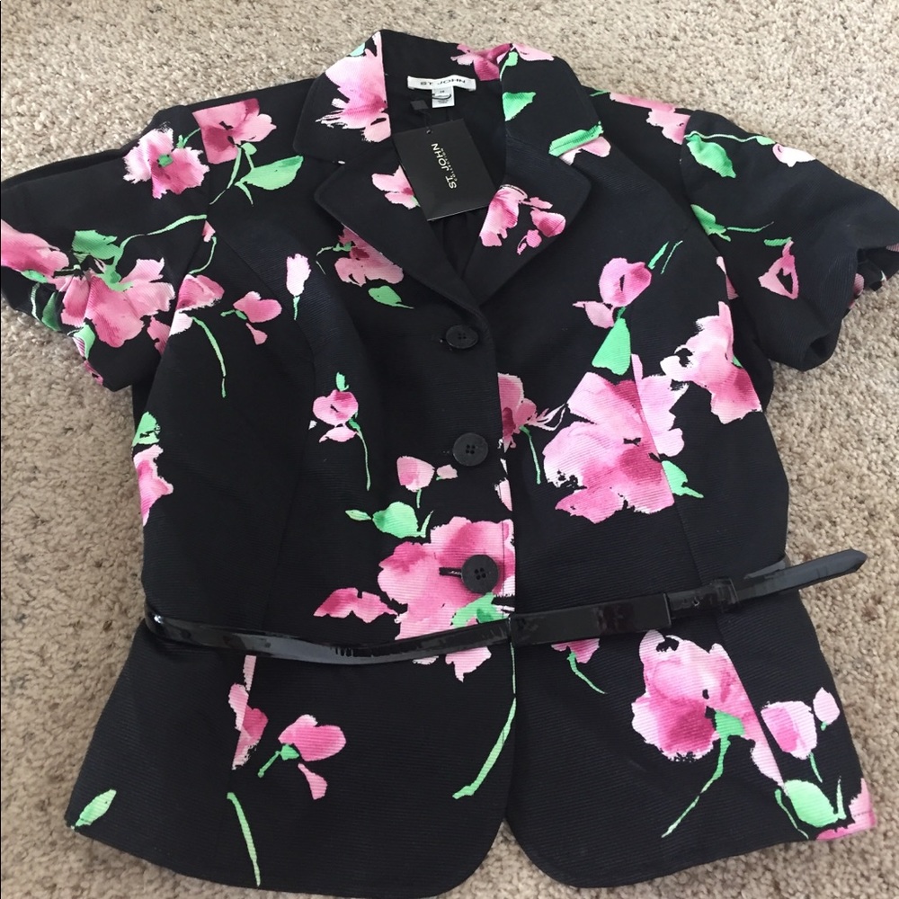 St. John black pink rose floral blazer