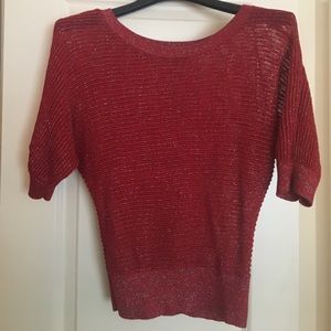 Red and silver short sleeve knit top