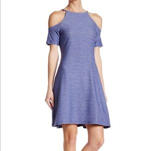 High Neck Marbled Denim Cold Shoulder Dress