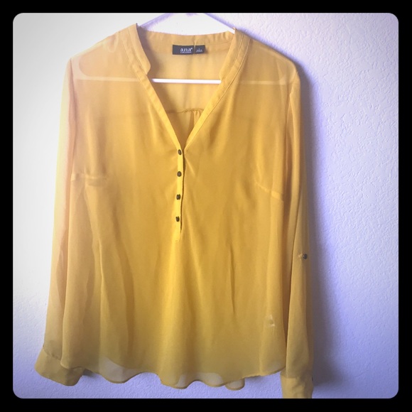 Sheer Mustard Blouse with Rolled Sleeve Detail - Picture 1 of 6