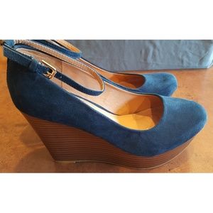Navy blue suede wedge heels with ankle strap