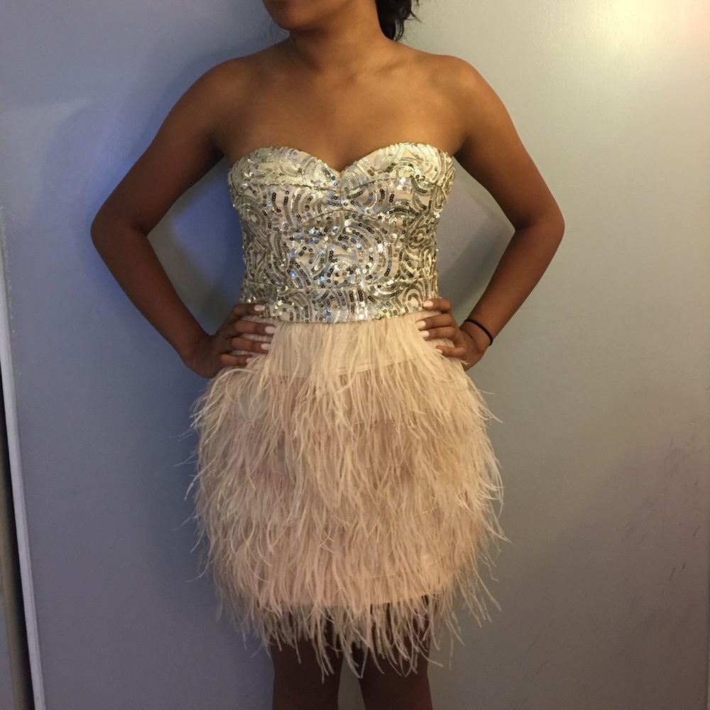 Bebe champagne colored mini dress