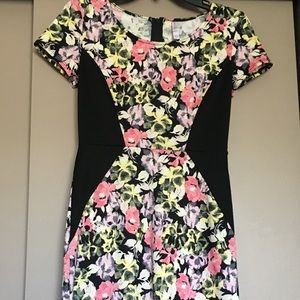 Floral pink with black midi dress