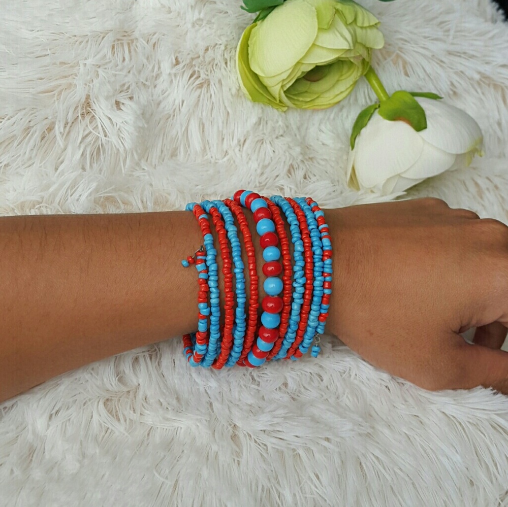 !!Sale!!Beaded bangle bracelet turquoise and coral