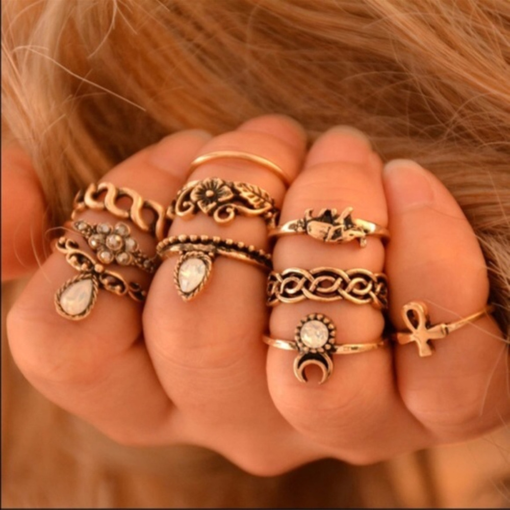 Set of 10 Vintage Gold Antique Boho Midi Rings NWT