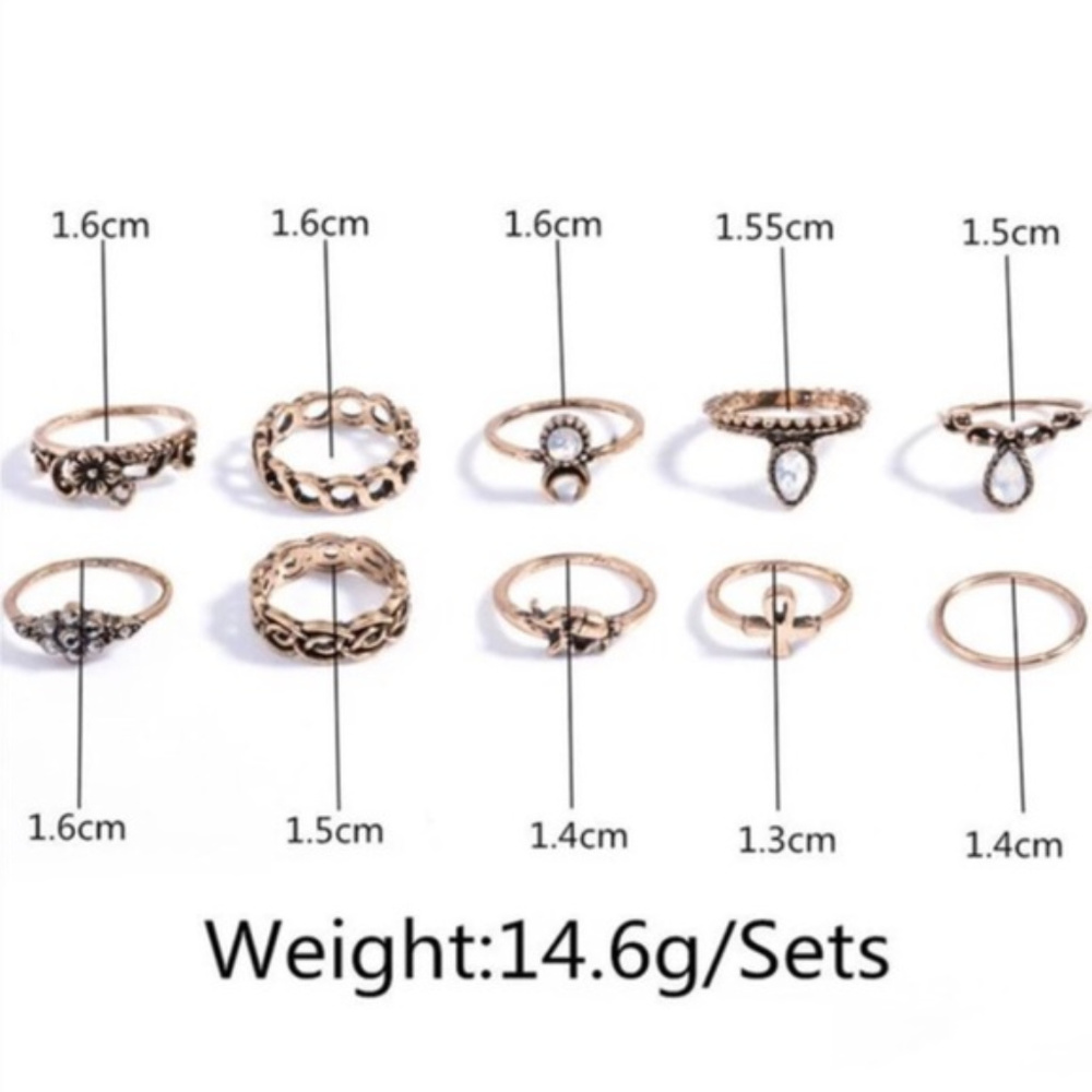 Set of 10 Vintage Gold Antique Boho Midi Rings NWT - Picture 2 of 4