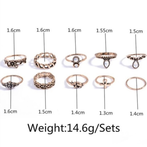 Set of 10 Vintage Gold Antique Boho Midi Rings NWT - Picture 2 of 4