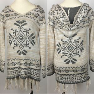 FLYING TOMATO Sweater Hood Aztec Fringe Long