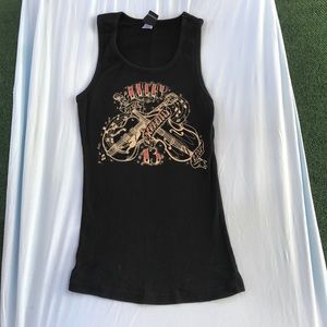 Black tank with design.