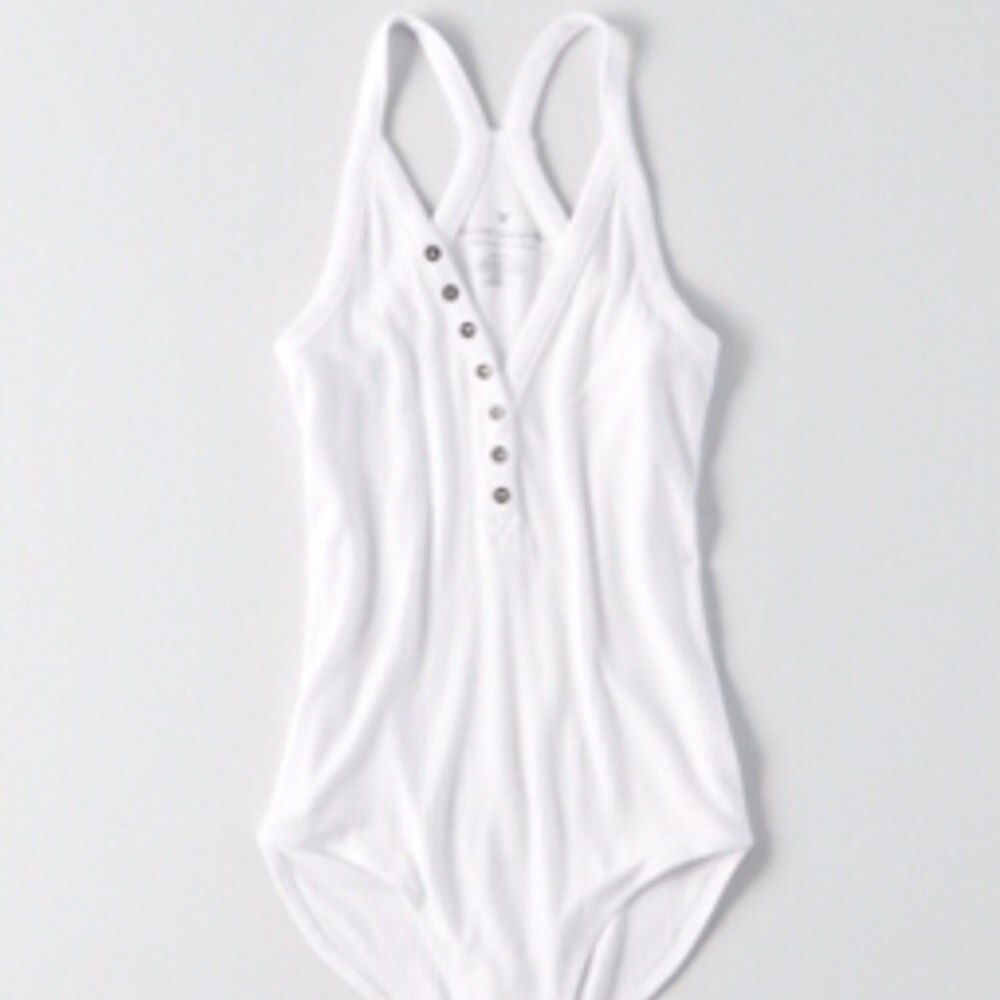 White sleeveless AEO Henley button up bodysuit