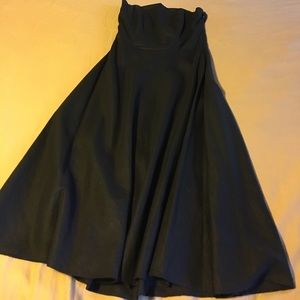 Black linen strapless dress with full circle skirt