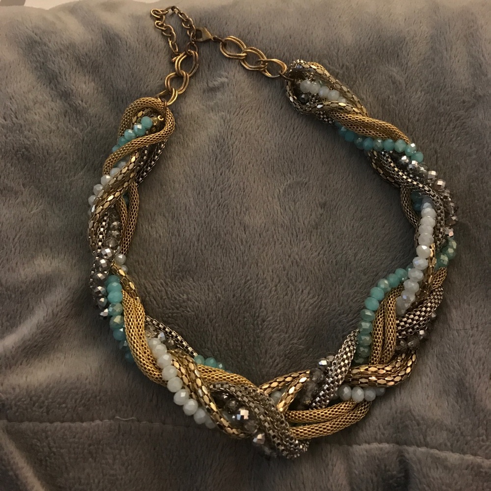 Beaded necklace gold/silver/aquamarine necklace