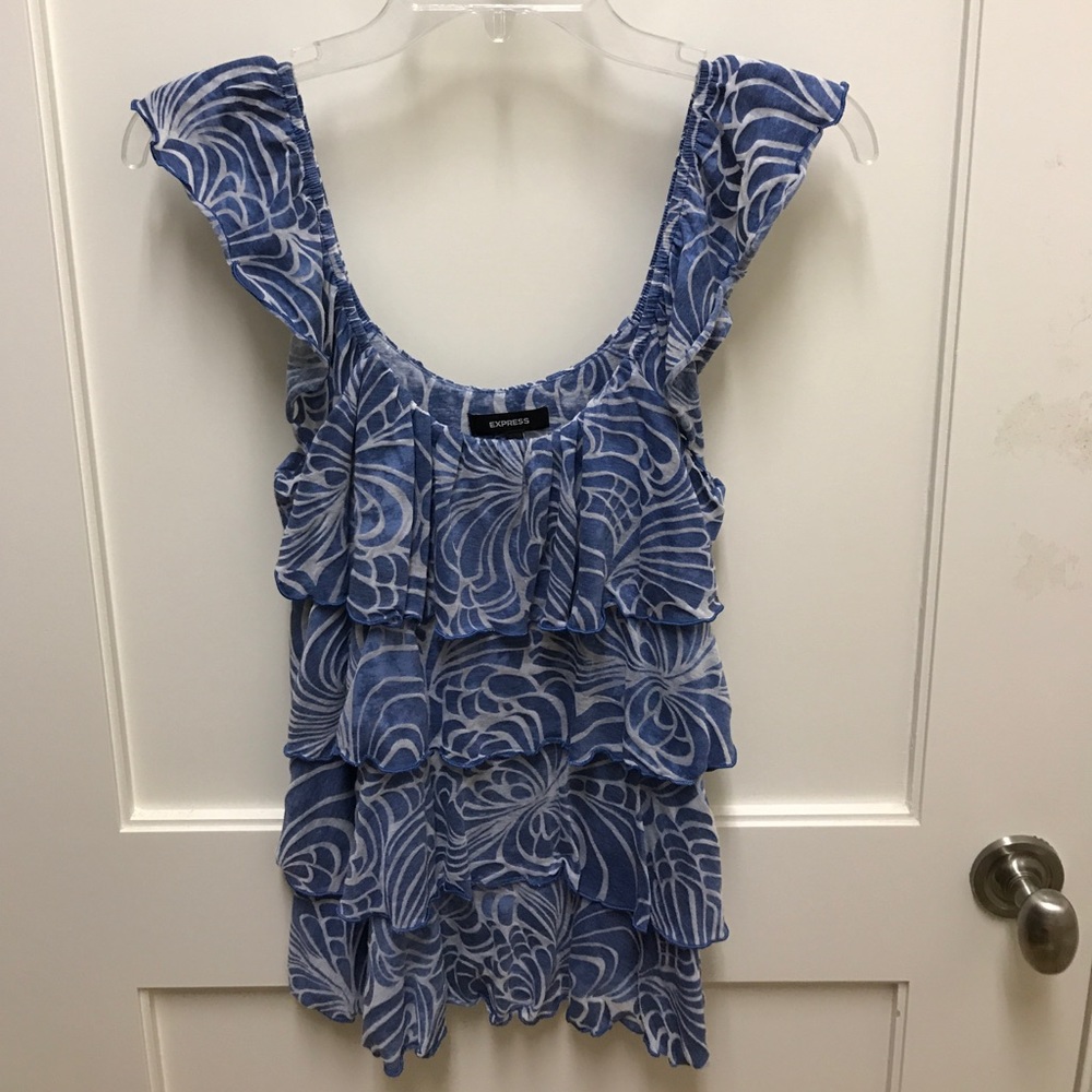 Blue and white ruffle blouse
