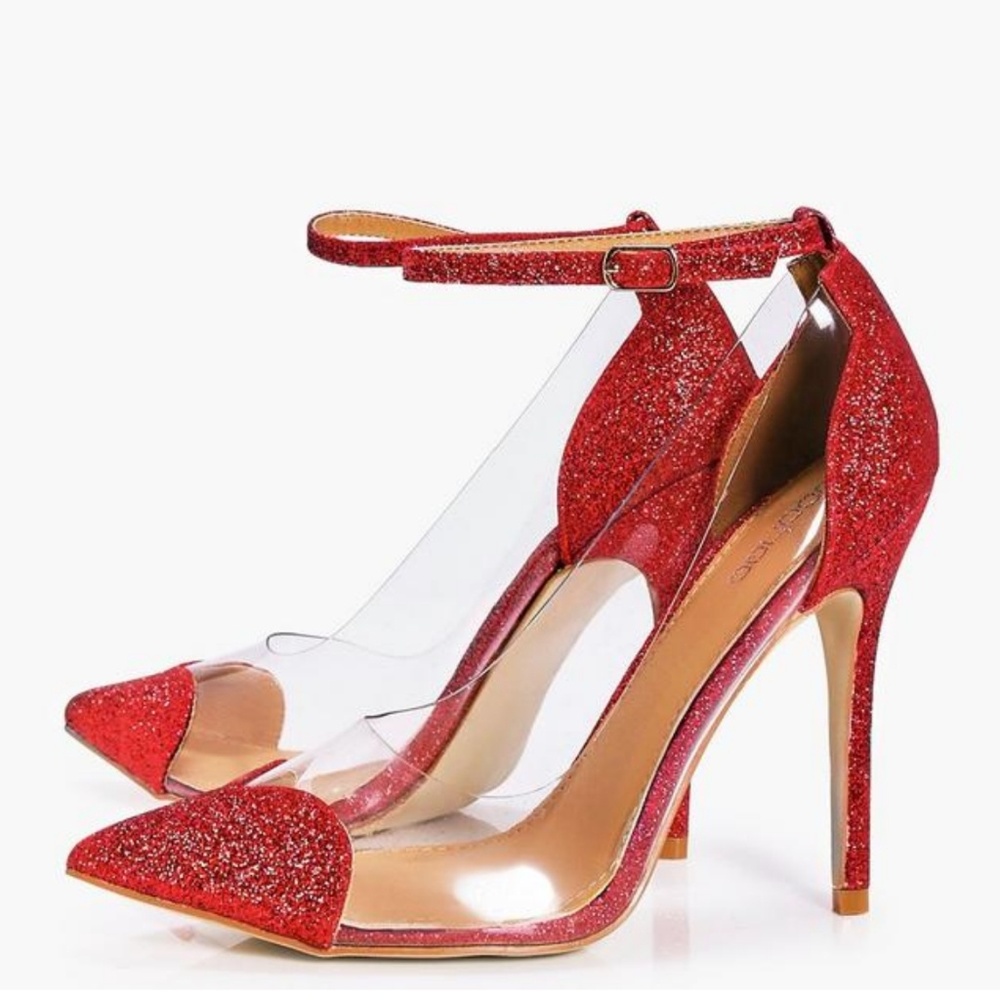 Red Clear Lucite Heart Glitter Stiletto Heels 9