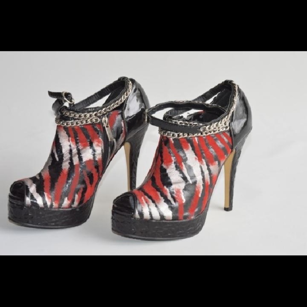 Sexy red zebra peep toe booties with chains!