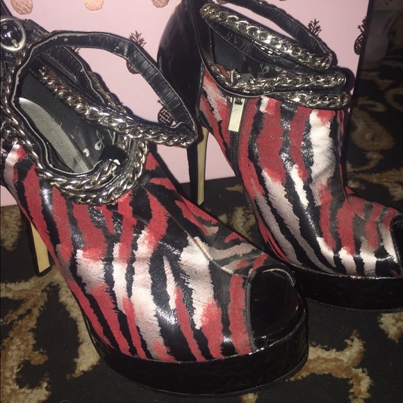 Sexy red zebra peep toe booties with chains! - Picture 3 of 8