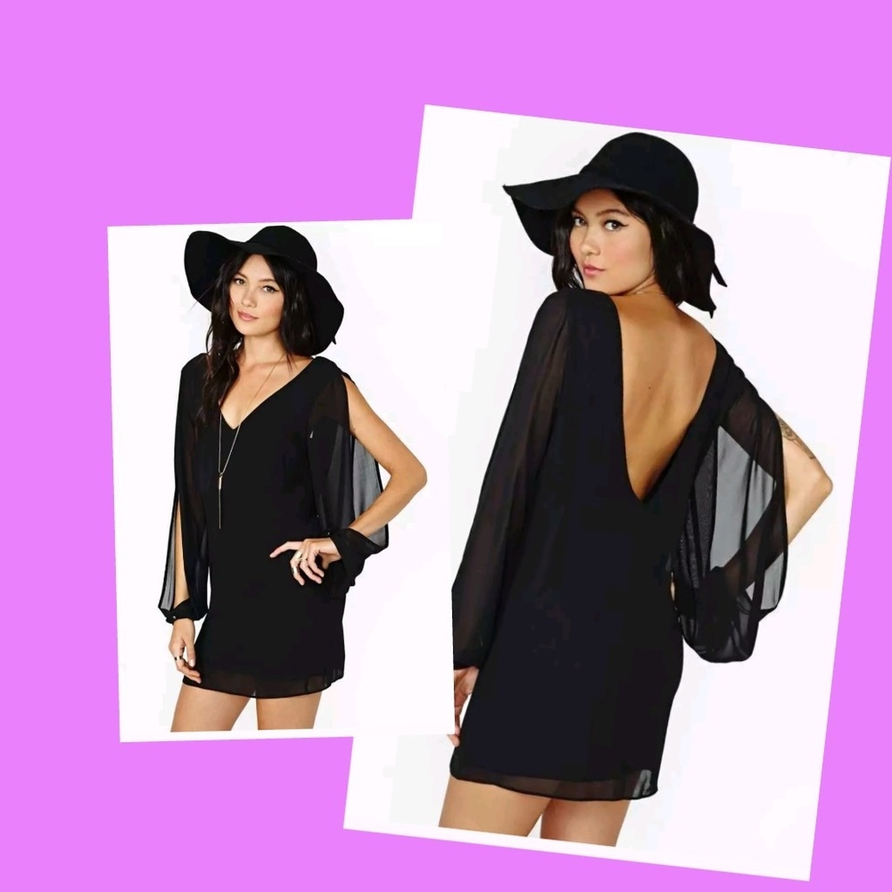 Split Sheer Chiffon Bell Sleeved Mini Dress