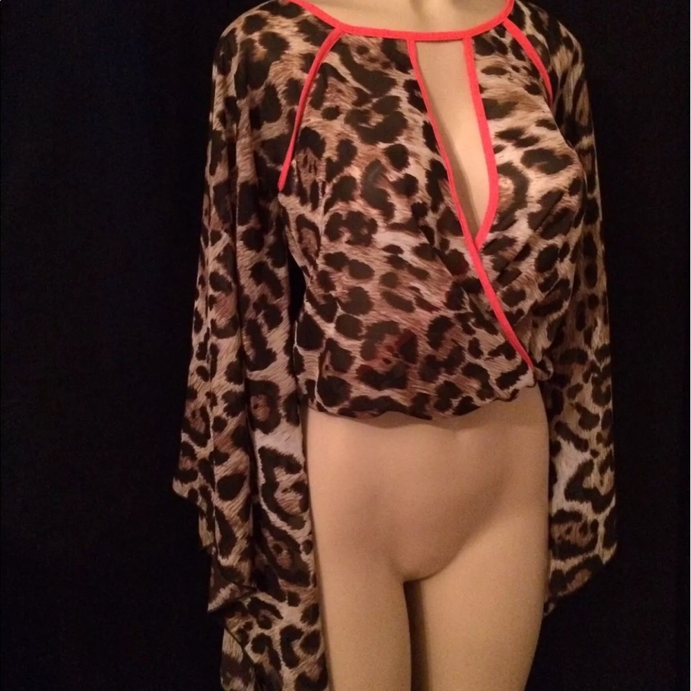 Leopard print flare bell sleeves sexy blouse top