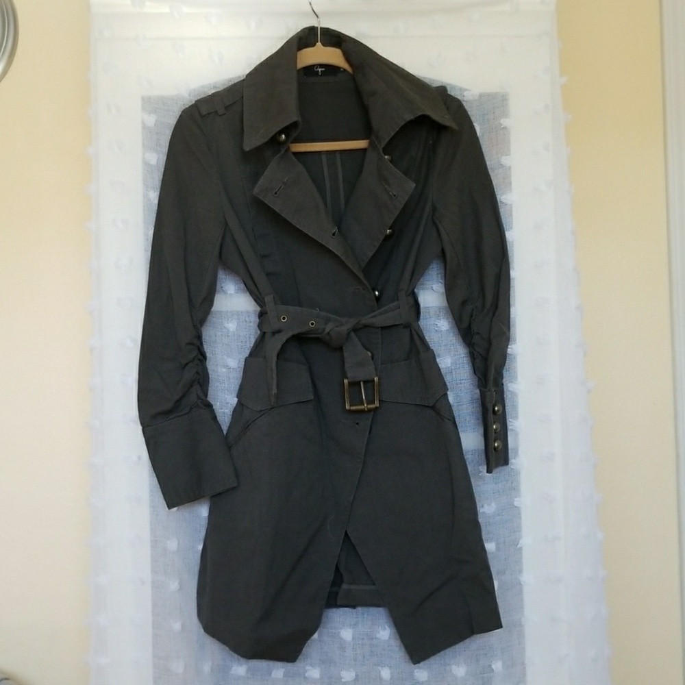 Aqua double breasted trench coat.