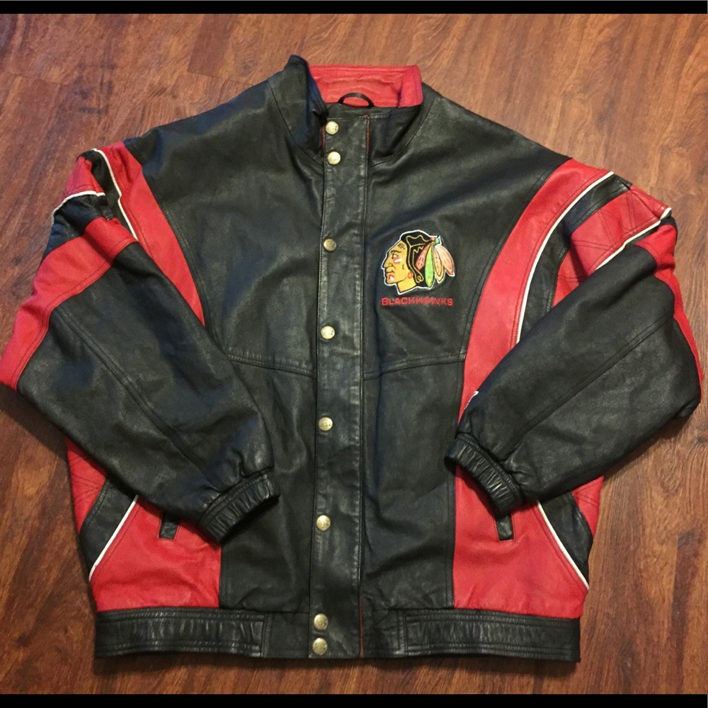 90s vintage starter leather blackhawks jacket