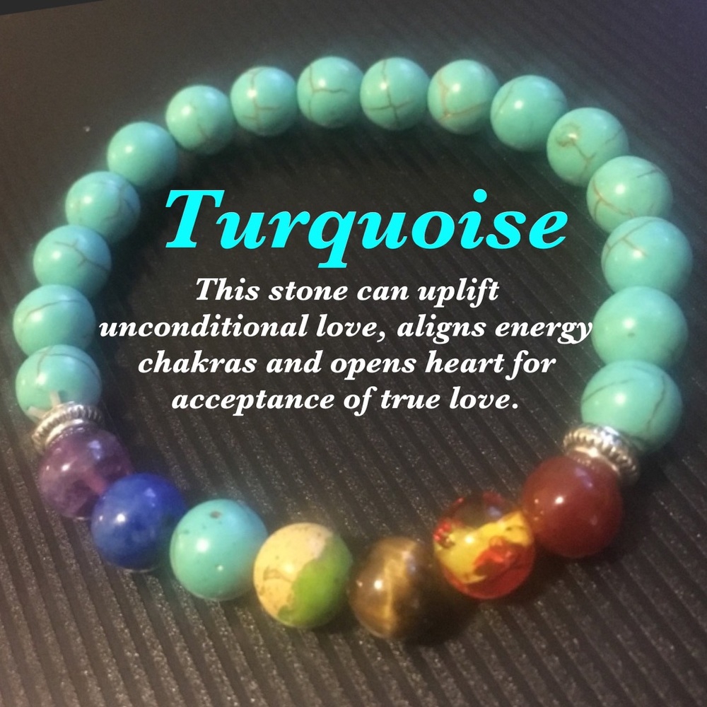 REAL TURQUOISE GENUINE GEMSTONES CHAKRA BRACELET - Picture 2 of 6