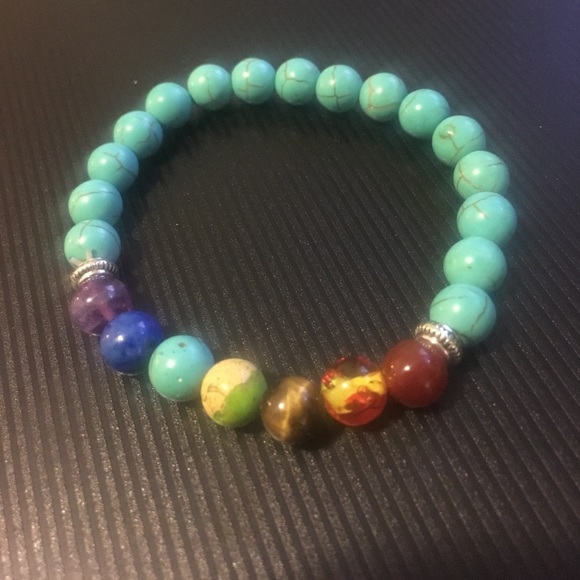 REAL TURQUOISE GENUINE GEMSTONES CHAKRA BRACELET - Picture 3 of 6