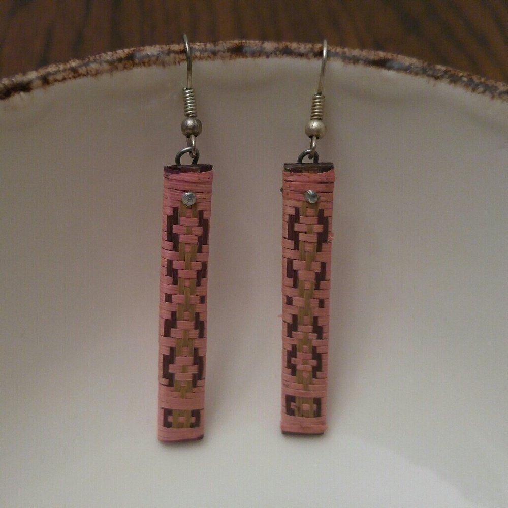 Pink Rattan Drop Earrings with Aztec Pattern