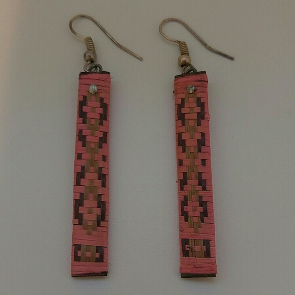Pink Rattan Drop Earrings with Aztec Pattern - Picture 2 of 3