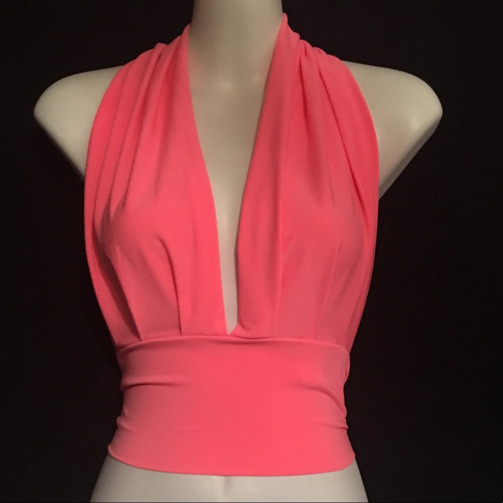 Pink Halter sexy open back cropped top blouse