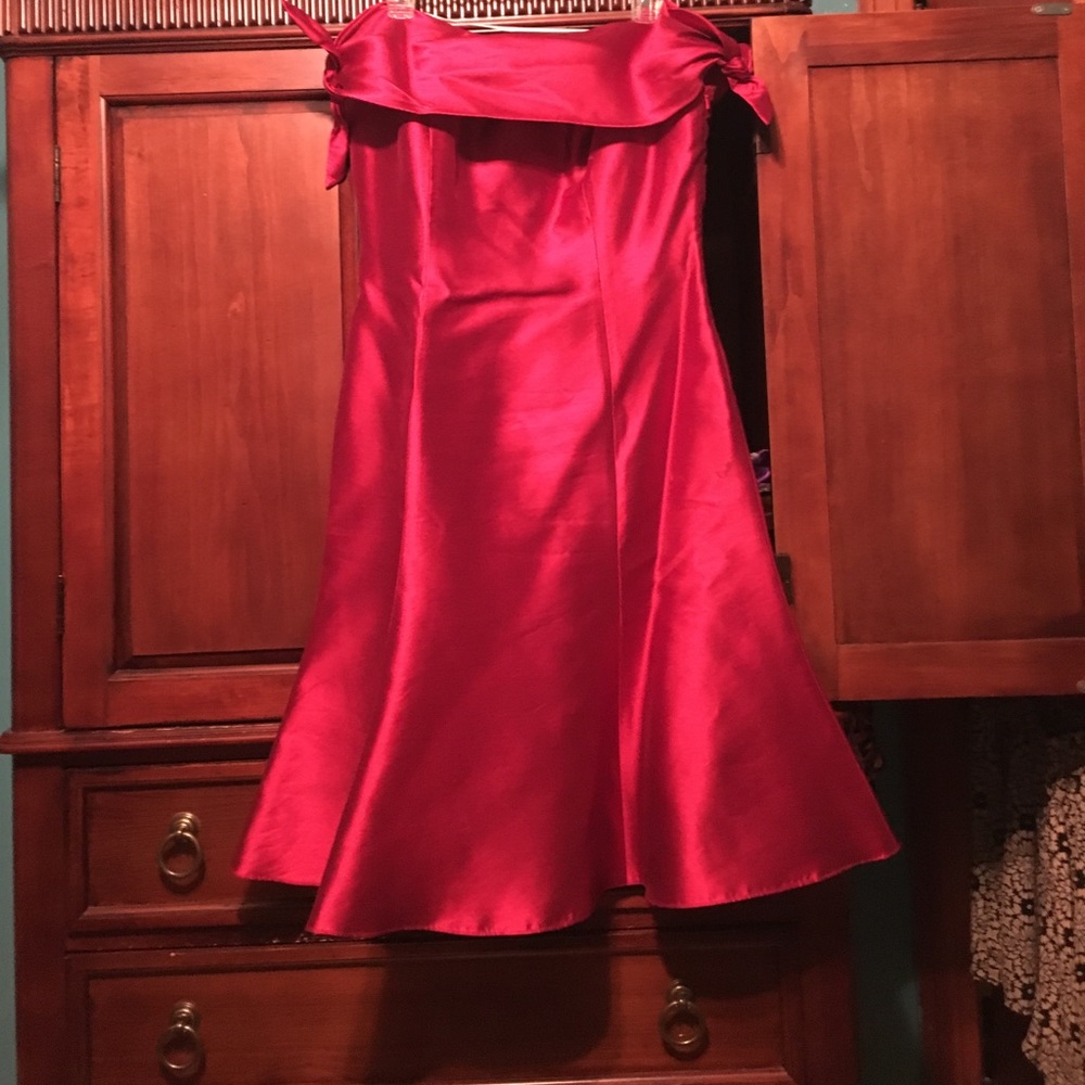 Chetta B tea length off shoulder cocktail dress.