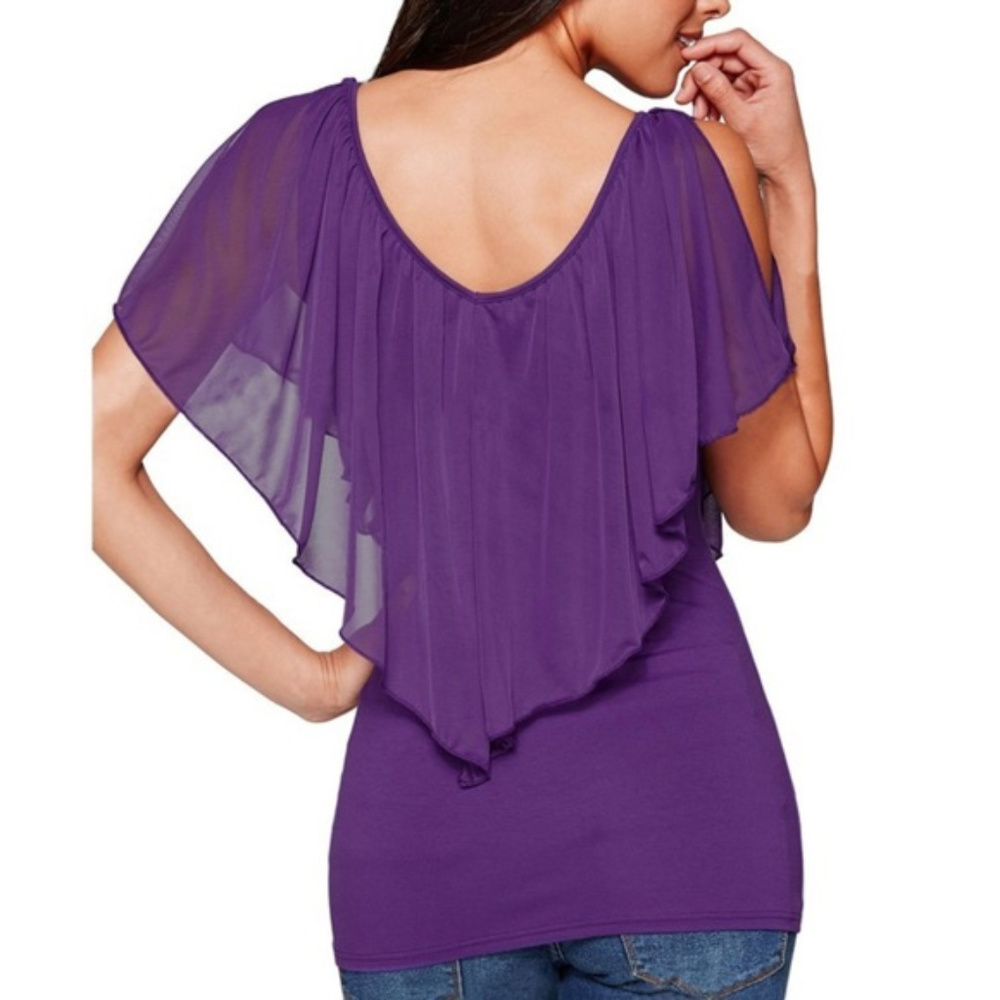 Blue Sleeveless Ruffle Off-Open-Cold-Shoulder Top - Picture 6 of 7